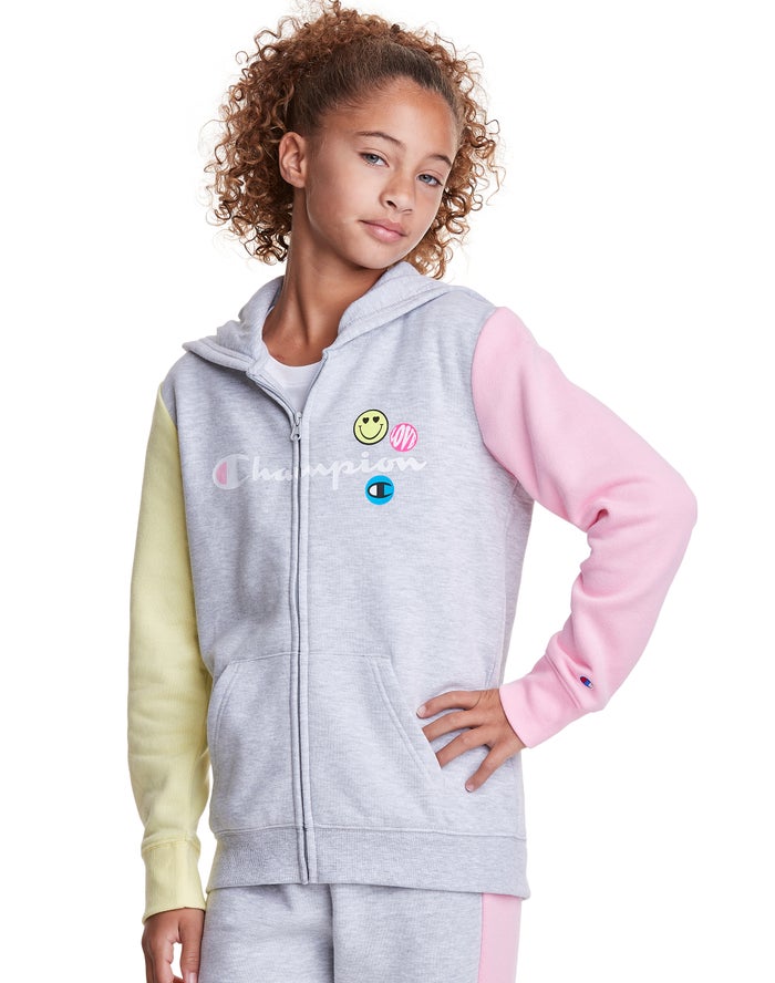 Champion Colorblock Fleece Full Zip Smiley Face - Tytön Harmaat/Sininen/Pinkki Huppari - Suomi 26149